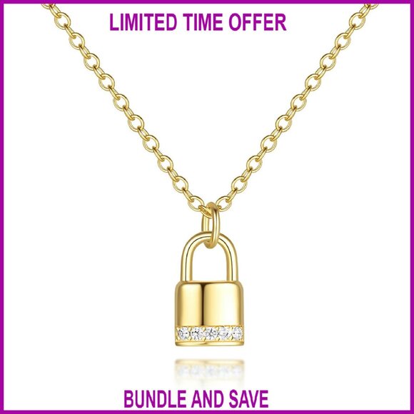 14k Gold Plated Lock Necklace with Zircon Pendant 8.5 Inch Chain